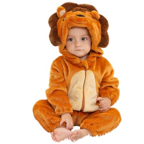 HAHASHOW Bambino Inverno Pagliaccetto con Cappuccio Neonato Inverno Animale Pigiama Flanella Pagliaccetto Ragazze Ragazzi 2-6 Mesi, Leone
