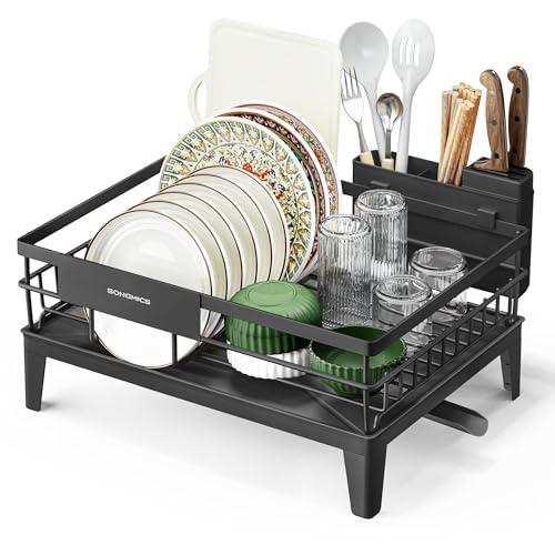 SONGMICS Scolapiatti, Portapiatti da Cucina, Beccuccio Estensibile e Girevole a 360°, Raccogligocce, con Portaposate, 31 x 42 x 18,5 cm, Nero Inchiostro KCS550B01