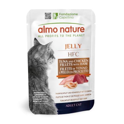 Almo Nature HFC Jelly - Alimento Umido per Gatti Adulti - Filetti di Tonno e Pollo con Prosciutto - Human-Grade, Gluten-Free - 55g (Confezione da 24)