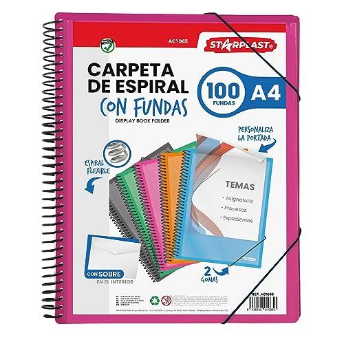 Starplast Cartella Buste Spirale Flessibile - 100 buste trasparenti, A4, chiusura elastica, copertina in polipropilene, copertina personalizzabile, per uso scolastico e ufficio - colore Rosa