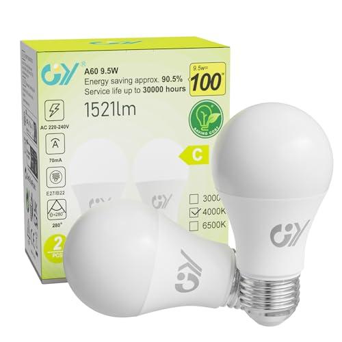 GY Lampadine LED E27, 9.5W (equivalenti a 100W), 1521 Lumen, 4000K Bianco Neutro, Risparmio Energetico LED A60, Lunga Durata, Basso Consumo,Non Dimmerabile, 2 pezzi