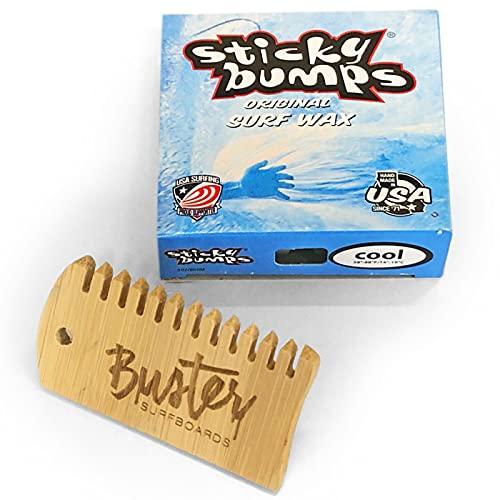 Buster Surfboards Sticky Bumps - Set per tavola da surf con cera da surf Grip, in bambù, temperatura Cool 14 °C - 19 °C, con spazzola antiscivolo