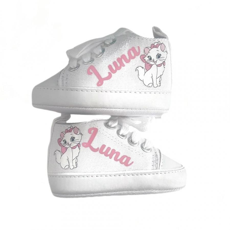 Scarpine Neonato, Scarpette Personalizzate con Nome, Scarpe da Culla con Stampa (Minou, 6-9 mesi)