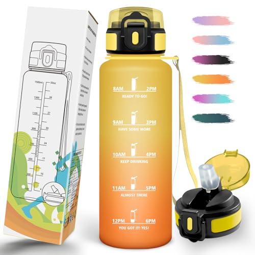Mulbijeo Borraccia 1,5 Litri, A Prova di Perdita & Riutilizzabile, Borraccia con Cannuccia, Borracce, Apertura One-touch, Borracce Motivazionale per Palestra, Campeggio, Ciclismo, Yoga
