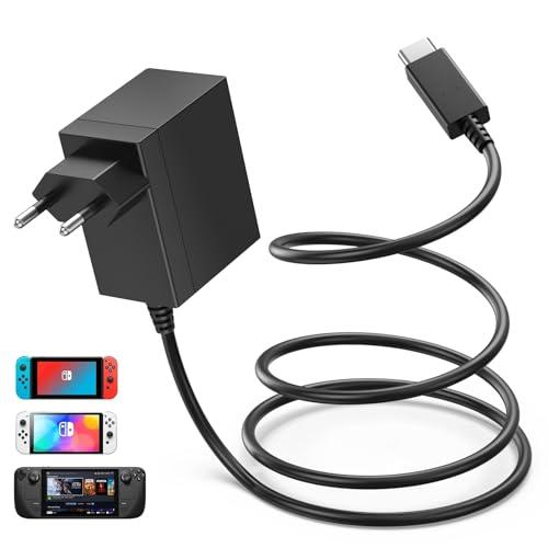 Caricatore per Nintendo Switch, 39W Alimentatore Switch con Cavo 1.5M/5FT Carica Rapida per Switch Console/Switch Lite/Switch OLED/Deck Dock/Pro Controller, Supporto Modalità TV, per docking Station