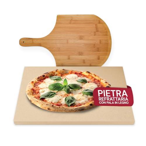 Avilia - Pietra Refrattaria con Pala in Legno Inclusa per Pizza, Resistente fino a 800°C, Cottura Uniforme e Croccante in Forno o Barbecue, Ideale per Pizza Fatta in Casa