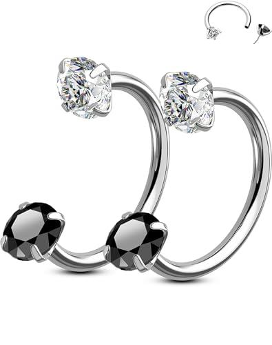 OUFER Body Piercing 2PCS 316L Surgical Steel Horseshoe Nose Rings Hoops 20G Push Pin Threadless Nose Rings For Women Men CZ Horseshoe Septum Lip Eyebrow Helix Daith Ear Piercing Jewelry 7mm/8mm