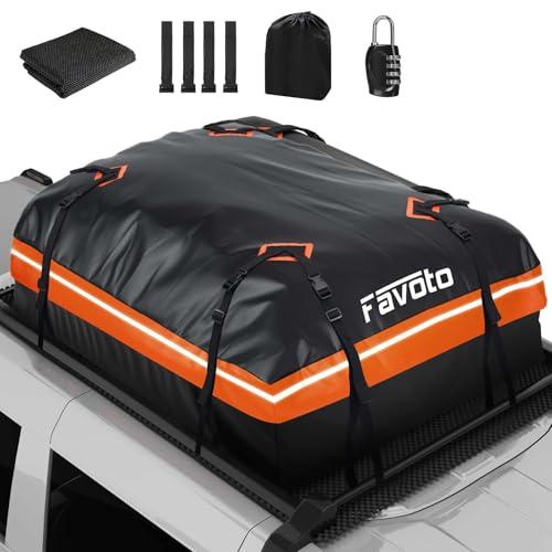Favoto Box da Tetto Auto Impermeabile - Borsa da Tetto Portapacchi 566L Pieghevole con Tappetino Antiscivolo Gancio Porta e Cinghie di Rinforzo per Trasporto di Bagagli Arancione