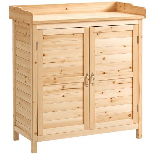 Outsunny Armadietto da Esterno a 2 Ripiani in Legno di Abete con Design Rialzato e 2 Ante, 83x40x92 cm, Color Legno