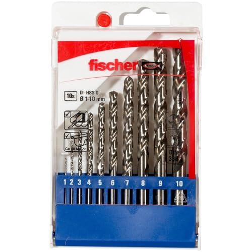 Fischer Set 10 Punte Trapano per Metallo, Professionali in Acciaio HSS-G, Diametro 1-2-3-4-5-6-7-8-9-10 mm, Attacco Cilindrico, per Acciaio, Lamiera, Ferro, Ghisa, Alluminio, 536603