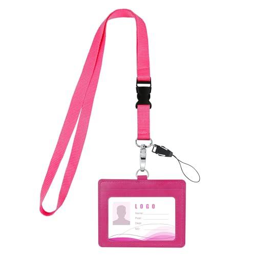 Vicloon PortaBadge, Porta Carte in pelle PU, Portabadge Collo con Slot per Schede Portafoglio, Cordino Porta Badge da Collo con la Cinghia del per Carta di Ufficio ID e Scuola (Rosso rosa)