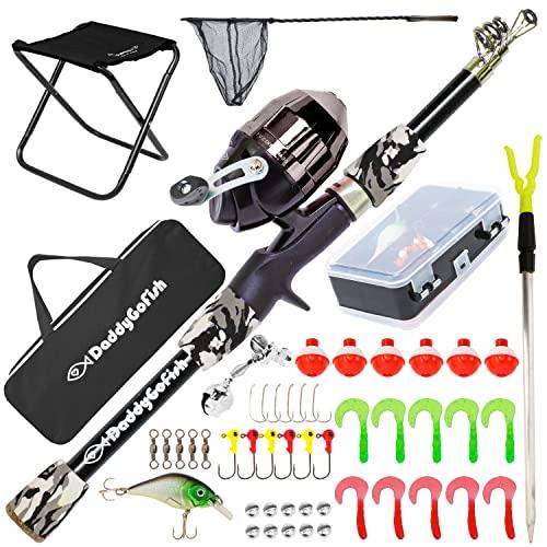 DaddyGoFish Kids Canna da Pesca Telescopica Spincast Combo Sedia Pieghevole Portacanna Tackle Box Bait Net Ragazzi Ragazze - Nero, 5ft