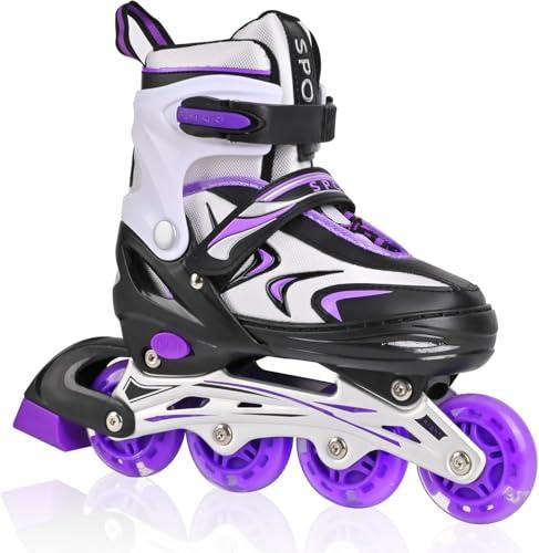 DUZSKJ Pattini in linea regolabili per bambini e bambine, pattini a rotelle per bambini e bambine, pattini in linea per ragazze e ragazzi, bambini piccoli, giochi indoor e outdoor (Nero e viola, M)