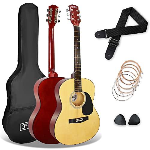 3rd Avenue Pacchetto con chitarra acustica 3rd Avenue di dimensioni standard 4/4 livello beginner, corde in acciaio, custodia da trasporto, plettri e corde di riserva – Naturale