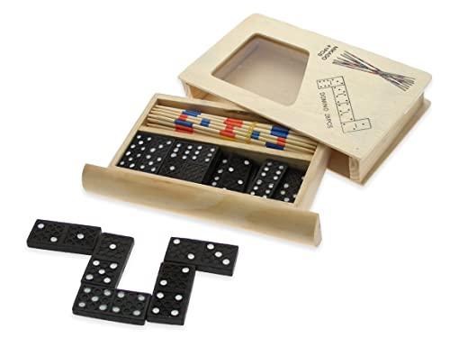 Teorema Giocattoli, Domino Gioco e Mikado, Set 2 Giochi Riuniti in Legno, Cofanetto da Viaggio per Famiglia, Ideale per Feste di Natale e Sere d'Estate