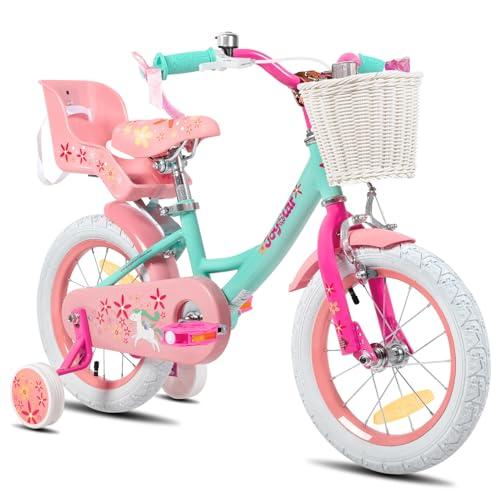 JOYSTAR Bicicletta per bambini a forma di unicorno da 14 pollici, per bambine da 4 5 6 anni, con seggiolino e ruote di supporto, colore: verde, BIKE049gr-14