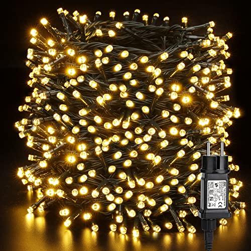 Luci Albero di Natale Esterno, BrizLabs 100M 1000 LED Catena Luminosa Bianco Caldo con Spina 8 Modalità Impermeabile Luci Fatate Natalizie per Esterni Casa Festa Matrimonio Giardino, Filo Verde
