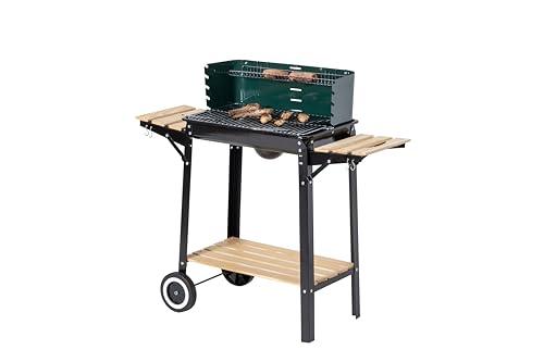 aro Barbecue a carbonella, acciaio/legno, quadrato, 2 griglie e 2 ripiani laterali, con 2 ruote, paravento incluso, verde