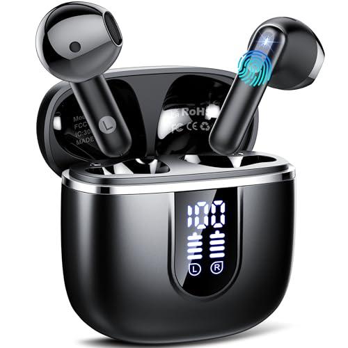 Cuffie Bluetooth, Auricolari Bluetooth 5.4 con 4 ENC HD Mics Immersivo, 40Ore Mini Cuffie Wireless Cancellazione Rumorecon, Touch Control, LED, IP7 Cuffiette Bluetooth per Androide/iOS, USB-C, Nero
