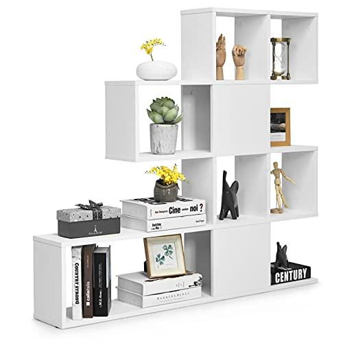 COSTWAY Libreria in Legno, 5 Livelli con Ante, Scaffale Multifunzionale a Forma di Scala, Ideale per Soggiorno Studio Ufficio, 120x19,5x109cm (Bianco)