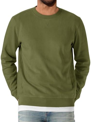 Runcati - Felpa da uomo a maniche lunghe con scollo tondo, maglione da uomo, a tinta unita, a maniche lunghe, basic, per il tempo libero, sport, top, verde militare, M