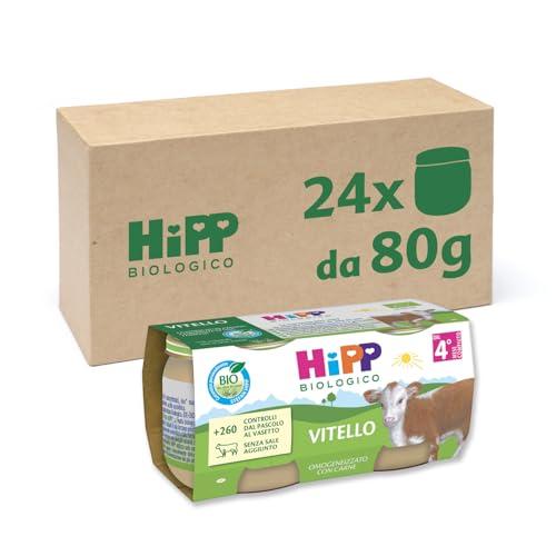 HiPP - Omogeneizzato di Carne Biologico per Neonati, Gusto Vitello, Senza glutine, Senza Sali e Aromi Aggiunti, Carne Bio, 24 Vasetti da 80 g