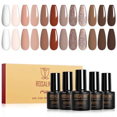 ROSALIND Smalti Semipermanenti per Unghie Marrone, 12 Colori Bianco Nude Marrone Smalto Semipermanente Glitter Colori, Soak Off UV/LED Smalto Gel Unghie DIY Nail Art Manicure Regalo