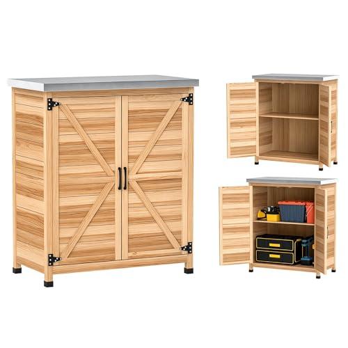 Outsunny Armadio da Esterno con Ripiano Interno e Banco da Lavoro Superiore, Armadio da Giardino in Legno di Abete e Acciaio Zincato, 79x43x92 cm, Color Legno