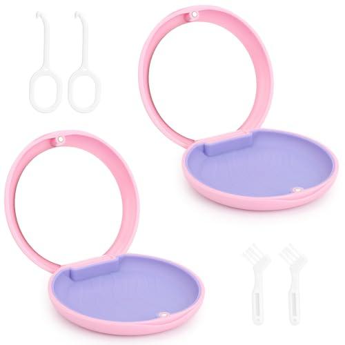 2 Pezzi Porta Apparecchio Denti con Specchio, Porta Bite Dentale, Custodia per Apparecchio Dentale con Strumenti di Rimozione e Spazzole (rosa-rosa)