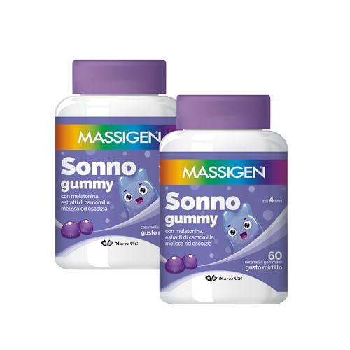Massigen - Sonno Gummy, Integratore Alimentare con Melatonina e Estratti Naturali, Due Confezioni 60 Caramelle da 3,3 g, Vitamine Gommose, Gusto Mirtillo, Per Rilassamento e Sonno