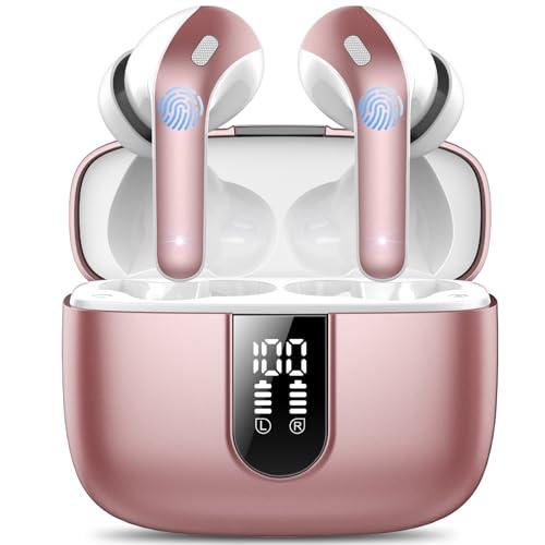 Cuffie Bluetooth, 2024 Auricolari Bluetooth 5.3 Stereo HiFi con 4 HD Mic, Cuffie Wireless In Ear ENC Cancellazione Rumore, Cuffie Senza Fili con LED Display 50 Ore, IP7 Impermeabile, Oro rosa