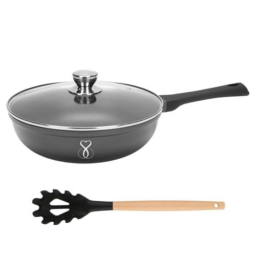 Stone&Stone Padella Wok Antiaderente Induzione 30 cm | Cucina Sana Senza Olio né Grassi | Rivestimento Tedesco Ultra Antiaderente GREBLON C3+ Ideale per Saltare e Cotture Light + Coperchio e Cucchiaio
