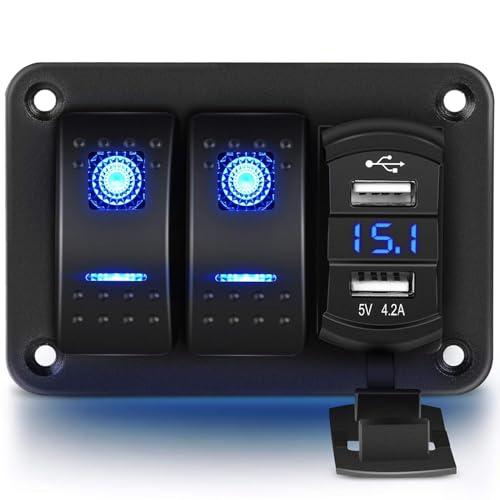 Greluma Pannello in alluminio interruttore a bilanciere a 2 bande con voltmetro e doppia USB (4,2A),ricarica rapida,LED retroilluminato,precablato IP65 impermeabile per nautica,barca,auto,camion(blu)
