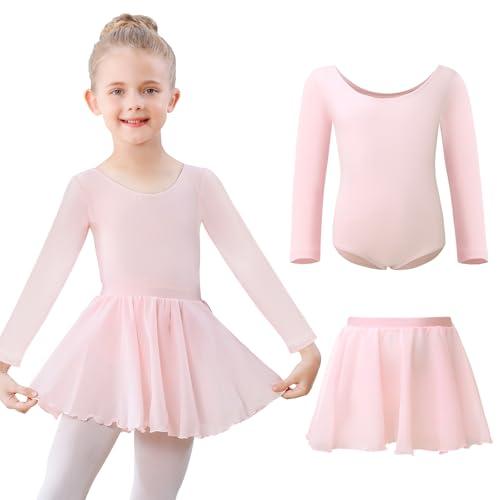 Kefiyis Body da danza per ragazze, a maniche lunghe, in cotone, con gonna, costume da ballerina per 3-11 anni, rosa, 110