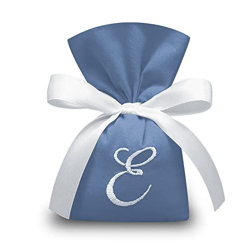 Crociedelizie, Stock 20 sacchetti portaconfetti stoffa azzurro rosa blu rosso ricamo iniziale nome nascita battesimo comunione laurea bomboniera