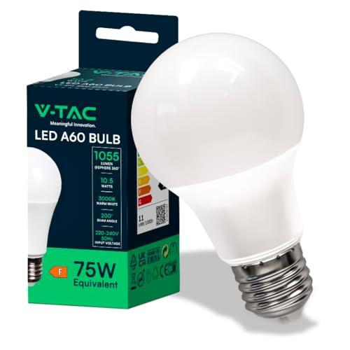 V-TAC Lampadina LED A60 con Attacco E27 potenza 10.5W (Equivalenti a 75W) - Lampadina di Nuova Generazione - 1055 Lumen - Massima Efficienza e Risparmio Energetico - 3000K Luce Bianca Calda