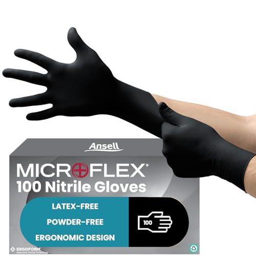 Ansell Microflex 93-732 Guanti Monouso in Nitrile, Senza Lattice ne Polvere, Approvati per Alimenti, Multiuso, Protezione Medica e Industriale, Guanti Monouso, Neri, Taglia M (100 Guanti)