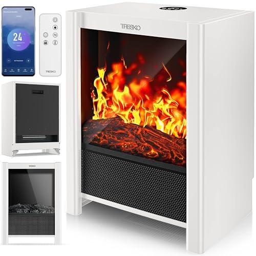 TRESKO® Camino Elettrico SmartFire con Riscaldamento 2000 W, APP WiFi e Telecomando | Camino Elettrico con Effetto fiamma LED e Display LCD | Camino con Termostato | Stufa Elettrica Timer