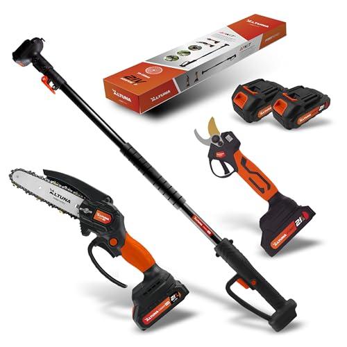 Altuna Kit di Potatura a Batteria in Titanio - Motosega a Batteria + Forbici da Potatura Elettriche + Asta Telescopica per Potatura in Altezza Fino a 1,63 Metri - Include 2 Batterie