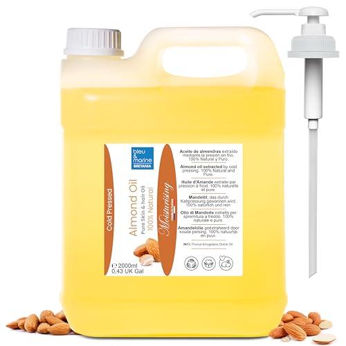 Olio di Mandorle Bio, Spremuto a Freddo, Coltivazione Ecologica - Adatto per Neonati, Anti Smagliature, Struccante, Olio da Massaggio, Corpo, Viso, Capelli, Gravidanza, Seno, 100% Naturale, 2000 ml