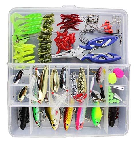 Vicloon Esche da Pesca, 120 Pezzi Esche Artificiali da Pesca Contiene Crankbaits, Stickbait, Vermi, Ganci Singolo, Pinze, ECC