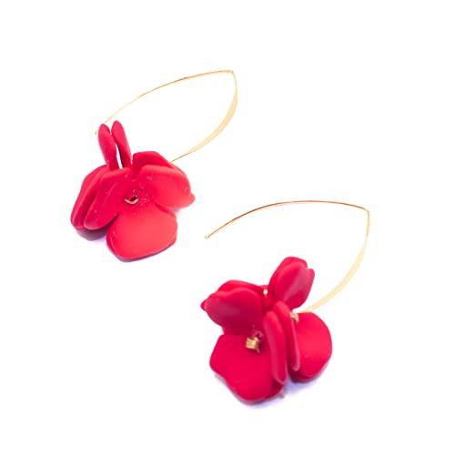 NILUXE DESIGN - Orecchini Fiori Pendenti con Gancio Placcato in Oro - Orecchini Donna Petali - Orecchini Festa Estate - Belli da Indossare e Ideali da Regalare(Rosso)