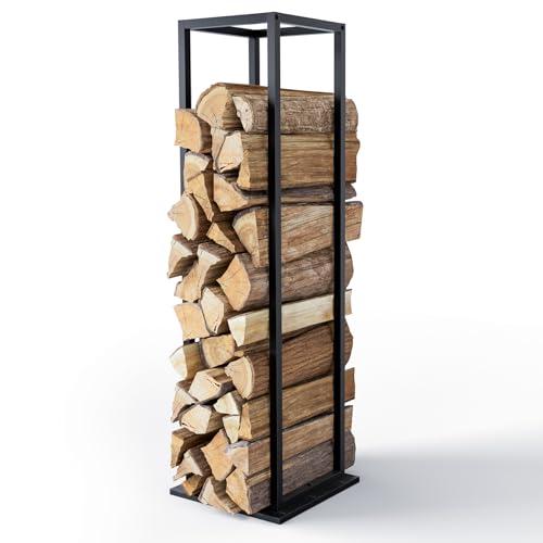 VOUNOT® Legnaia in Metallo per Interni ed Esterni 33x33x112 cm, Portalegna Verticale Salvaspazio, Struttura Robusta per Legna da Ardere, Camino, Nero