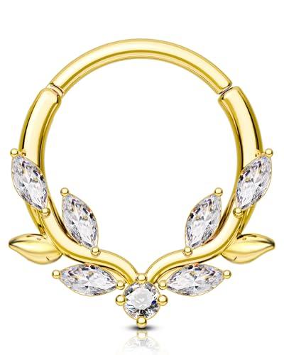 OUFER Piercing Septum 16G Foglia Daith Ring Oro Piercing Orecchio Helix Acciaio Chirurgico 316L Trasparente CZ Orecchino Septum Anello per Orecchio in Cartilagine per Donna 8 mm