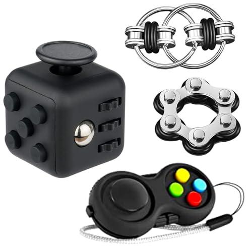 Yeefunjoy 4Pcs Nero Fidget Toys Giocattolo per Le Dita Cubo Antistress, Fidget Pad, Flippy Chain Fidget Toy, Sei Catena a Rulli Fidget, Anti-Stress Ansia Relief Giocattoli Regalo per Adulti e Bambini