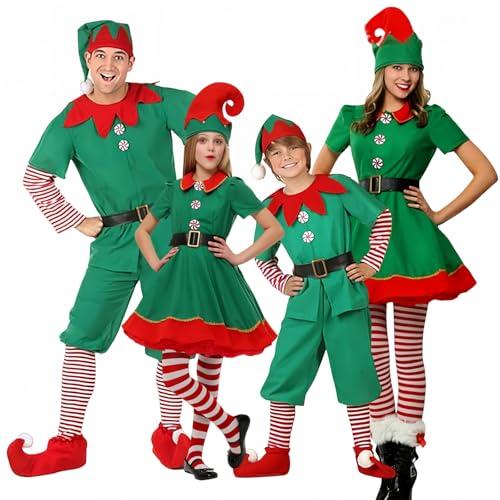LCpddajlspig Vestito Elfo Set Famiglia: Costume Elfo 3 Pezzi - Gonna Cappello Calzini/Cappellom Camicia Pantaloni per Natale St Patrick Day Carnevale e Cosplay Bambino 4-5 Anni