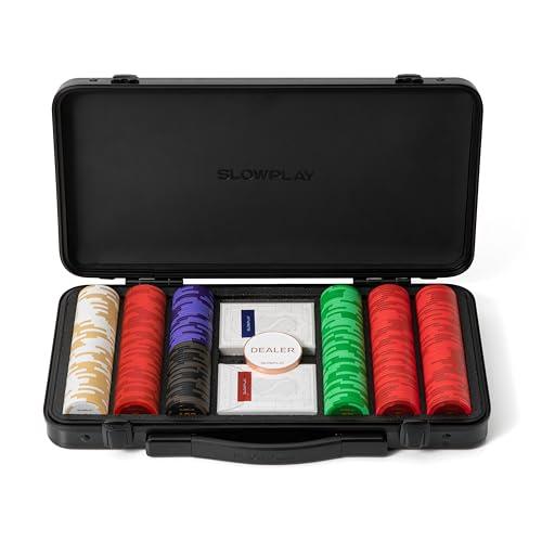 SLOWPLAY Godel set di fiches da poker in argilla 14 g per Texas Hold’em, 300 pz [con valori numerati] con valigetta in policarbonato tedesco elegante e resistente, giocatori di poker