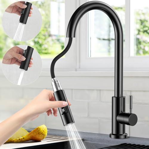 Rubinetto Cucina con Doccetta Estraibile, Rubinetto Lavello Cucina in Acciaio Inox Miscelatore per Cucina con Base Rimovibile, Girevole a 360 °, 2 Modalità Dell'acqua, Freddo e Caldo Disponibile-Nero