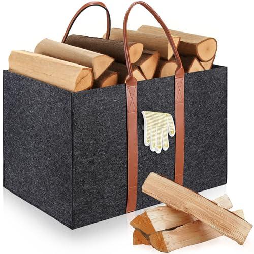TOBWOLF Portalegna da ardere grigio scuro con manici, 60 x 40 x 40 cm, in feltro resistente, borsa XXL extra large per legna da ardere, borsa per il trasporto in legno da 90 l, per accessori per stufe