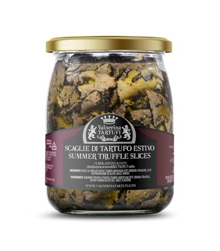 Valnerina Tartufi Tartufo Nero Estivo a Scaglie | Tartufo a Fette, Lamelle, Carpaccio | Naturale, Artigianale e Italiano conservato in Olio EVO Extra Vergine di Oliva | Vasetto 450 gr.